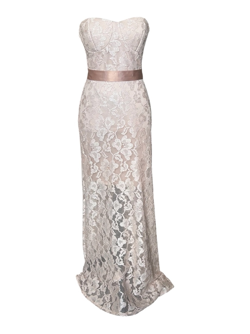 Vintage Deb Soft Peach/Nude Full Length Bodycon Lace Dress Juniors size 5